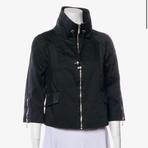 Neiman Marcus Cropped Capelet Jacket Moto Mock Funnel Zip 3/4 Slv